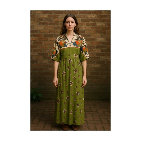 Vintage 60s Leslie Fay Original Maxi Dress – Japanese Art Print – Olive Green – - Picture 4 of 8